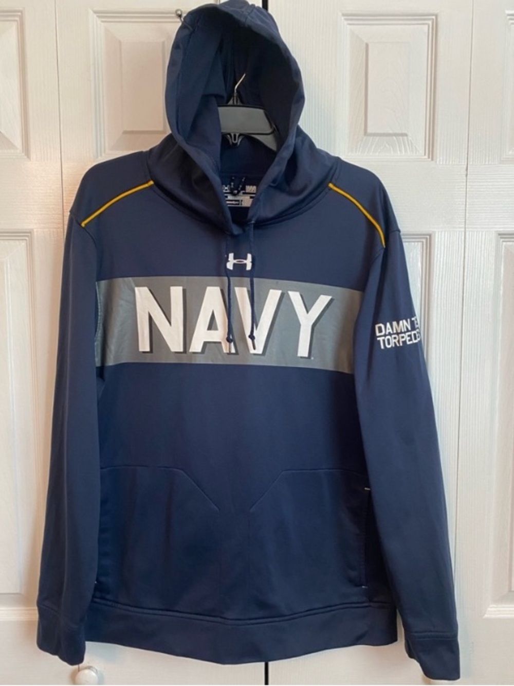 Mens Under Armour Size Large Navy Logo Hoodie Jacket "Damn the Torpedoes"